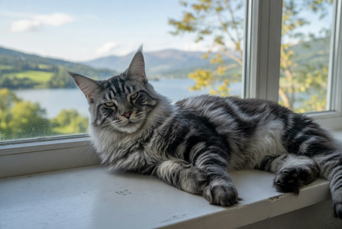 Calm adult Maine Coon resting by a window