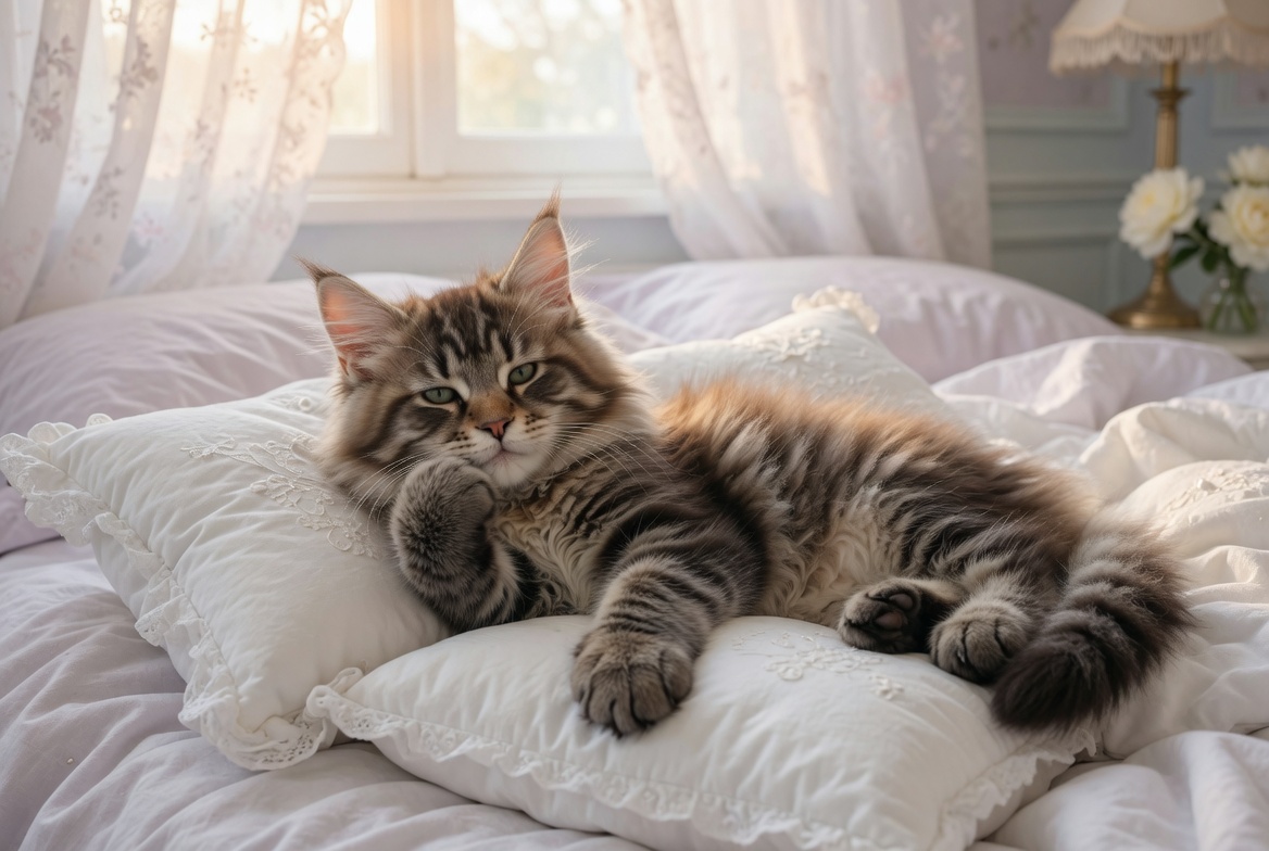 Healthy Maine Coon kitten on soft bedding